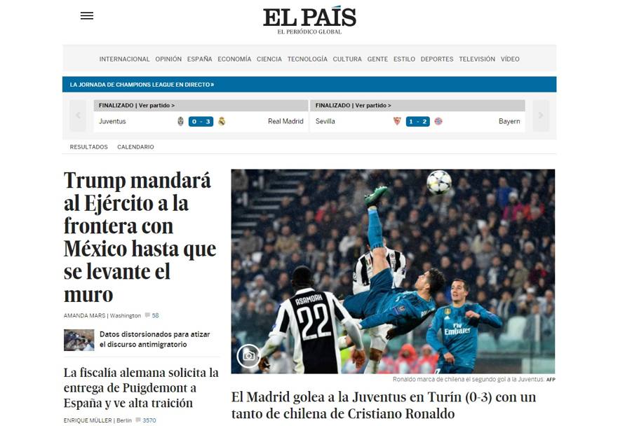 Anche El Pais, quotidiano generalista spagnolo, apre con il successo del Real e la rovesciata di CR7: 